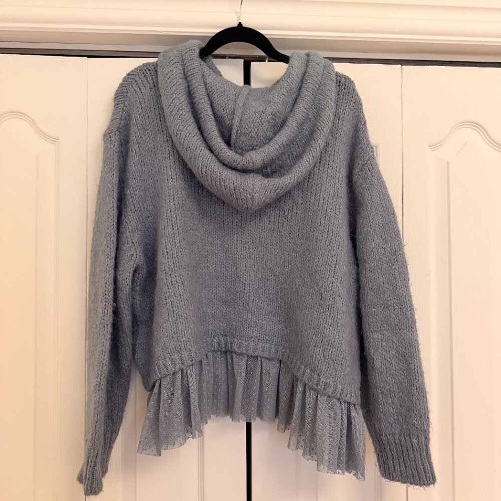 Blue Knit Hoodie with Sheer Ruffle Hem - Picture 7 of 8